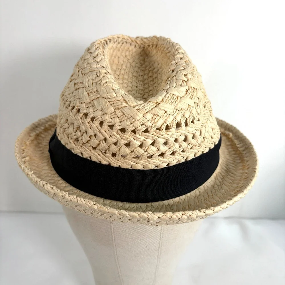 J.Crew Fedora Hat Natural Beige Paper Straw Black Grosgrain Band 11528